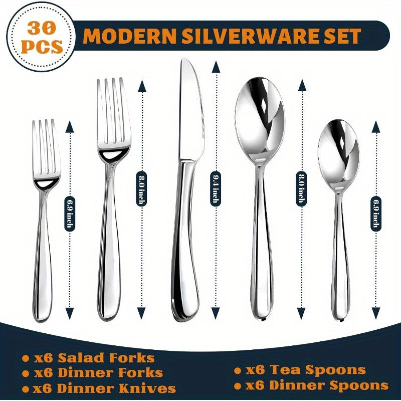 30pcs Premium Stainless Steel Cutlery Set for 6, Featuring a Modern Design with Mirror Polish, Includes Forks, Knives, And Spoons, And Is Dishwasher Safe. Flatware Set Silvery, Silverware Set, Spoon And Fork Set