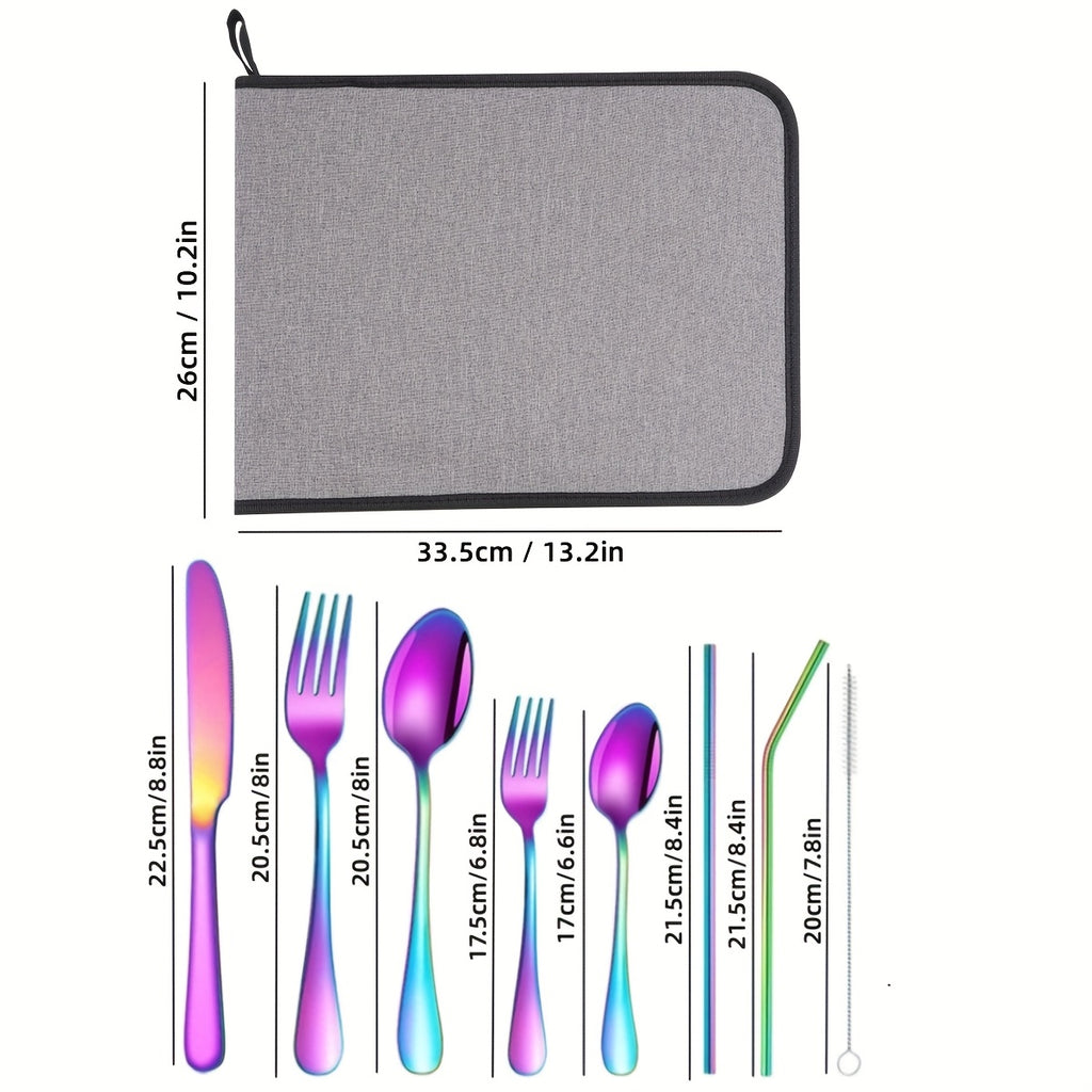 32pcs Summer Outdoor Portable Stainless Steel Outdoor Tableware Set, Includes Knife, Fork, Spoon, Straw and Cleaning Brush, Large Portable Bag. Reusable, Lightweight and Convenient, Suitable for Outdoor Picnics, Camping Gatherings, Travel, Gifts for Peopl