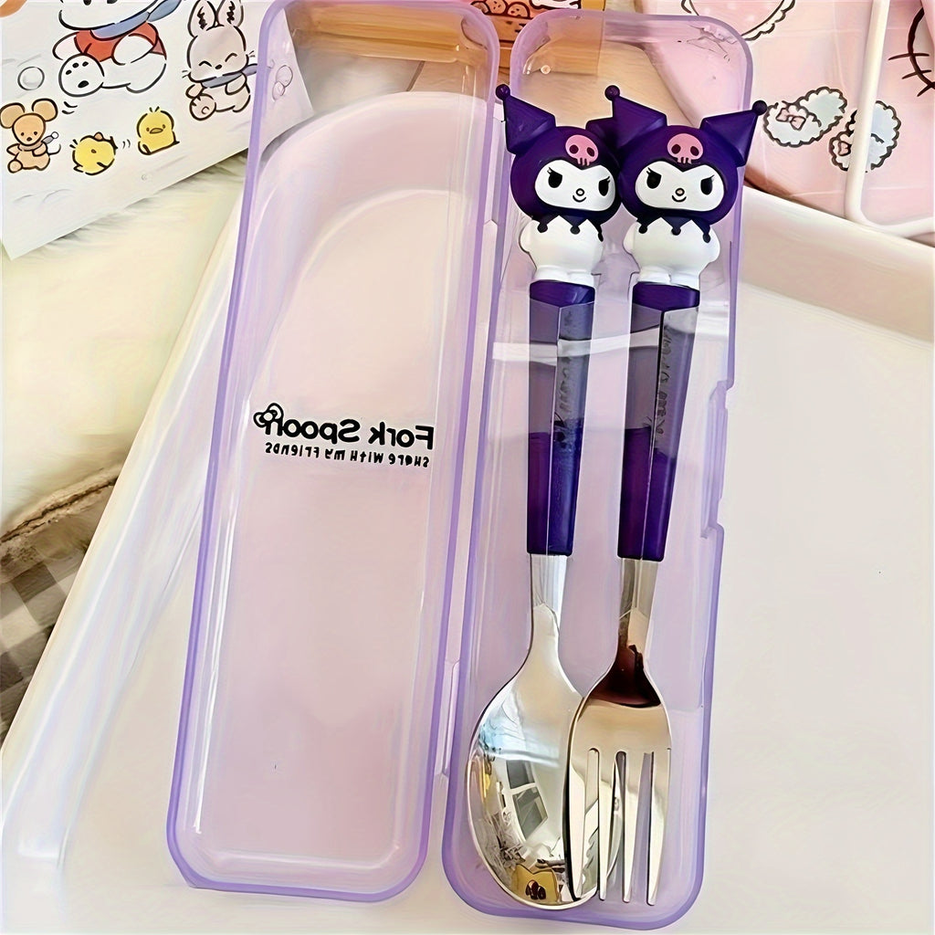 () Sanrio Cute Black Cat Maruko-chan and Hello Kitty Cartoon Spoon and Fork Set: Stainless Steel Kitchenware, 2pcs Set, Suitable for Restaurants and Food Trucks