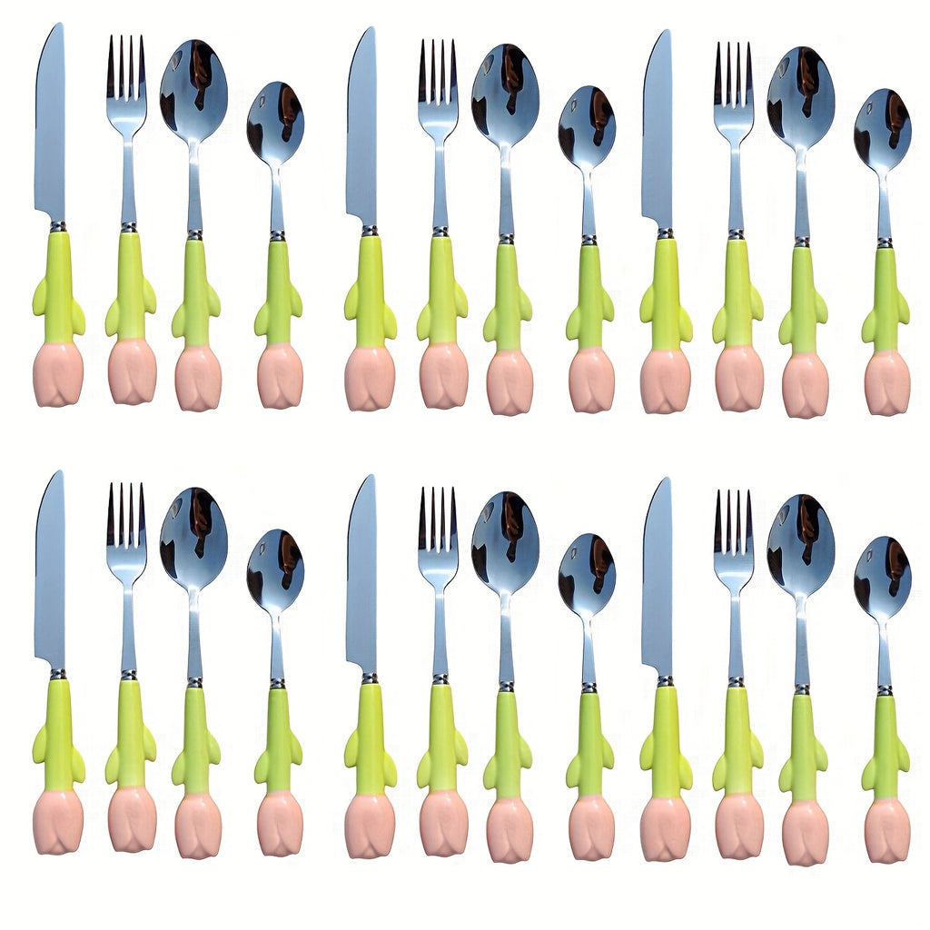 24pcs Unique Ceramic Handle Steak Knife, Dessert Spoon, Fork, and Spoon Tableware Set - Creative Kitchen Tools and Accessories Including Knife, Fork, and Spoon - Very Cute, Suitable for Daily Family Dining, Birthday Parties, and Festival Parties