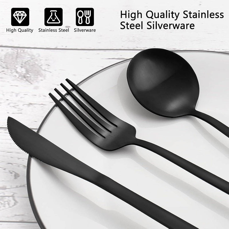 Matte Black Silverware Set, 40 - Piece Stainless Steel Flatware Set, Satin Finish tableware Cutlery Set, Service 8, Home and Restaurant, Dishwasher Safe, Cutlery Set, Formal Dining, Restaurant Supplies, Contemporary Tableware, Modern Silverware,
