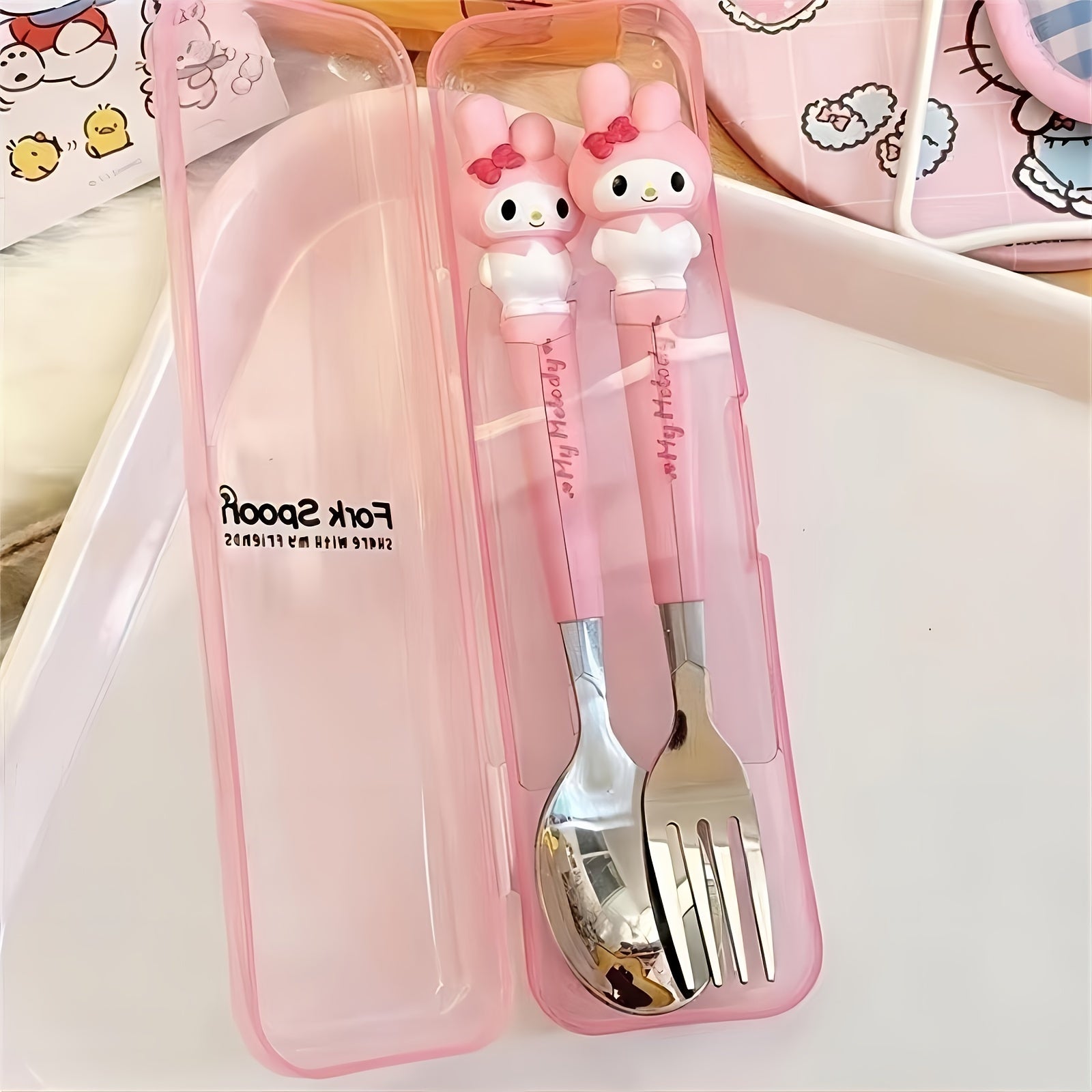 () Sanrio Cute Black Cat Maruko-chan and Hello Kitty Cartoon Spoon and Fork Set: Stainless Steel Kitchenware, 2pcs Set, Suitable for Restaurants and Food Trucks
