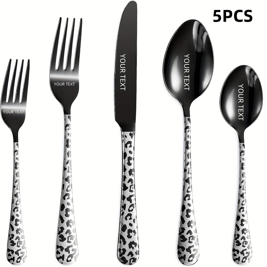 Personalized Black Leopard Print Tableware Set - Stainless Steel Spoon, Fork, Knife - Mirror Polished, Durable, Ideal for Home Kitchen, Holiday Dining | Stylish Cutlery | Durable Utensils, Spoo