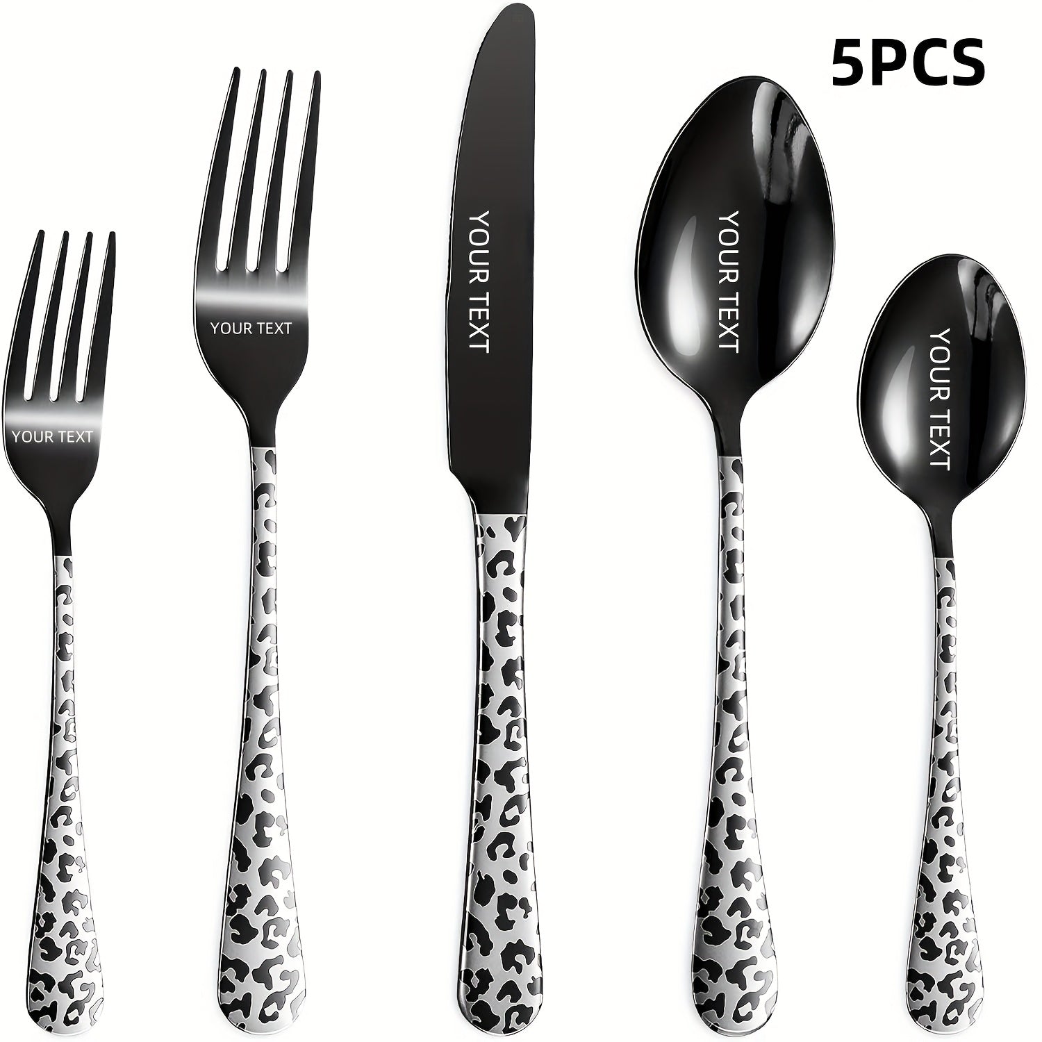 Personalized Black Leopard Print Tableware Set - Stainless Steel Spoon, Fork, Knife - Mirror Polished, Durable, Ideal for Home Kitchen, Holiday Dining | Stylish Cutlery | Durable Utensils, Spoo
