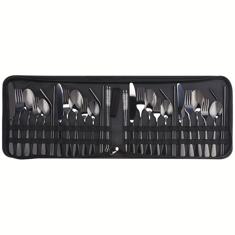 32pcs Summer Outdoor Portable Stainless Steel Outdoor Tableware Set, Includes Knife, Fork, Spoon, Straw and Cleaning Brush, Large Portable Bag. Reusable, Lightweight and Convenient, Suitable for Outdoor Picnics, Camping Gatherings, Travel, Gifts for Peopl