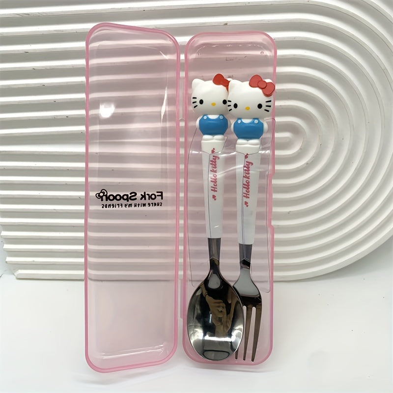 () Sanrio Cute Black Cat Maruko-chan and Hello Kitty Cartoon Spoon and Fork Set: Stainless Steel Kitchenware, 2pcs Set, Suitable for Restaurants and Food Trucks