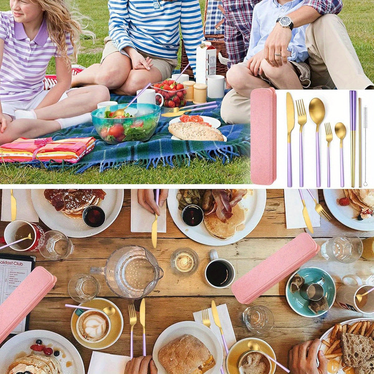 AARainbow 8pcs Stainless Steel Flatware Set Portable Reusable Cutlery Set Travel Utensils Set Including Chopsticks Knife Fork Spoon Straws Cleaning Brush Dishwasher Safe ( B- Purple Golden)