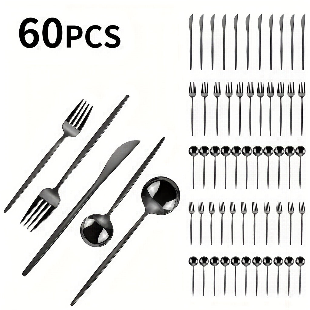 60pcs Luxury Black Stainless Steel Cutlery Set, 12 People Family Hotel Knives Forks Spoons Set With Gift Box, Including Dinner Knives, Dinner Spoons, Dinner Forks, Dessert Spoons, Dessert Forks, Perfect For Banquets, Parties, Restaurants