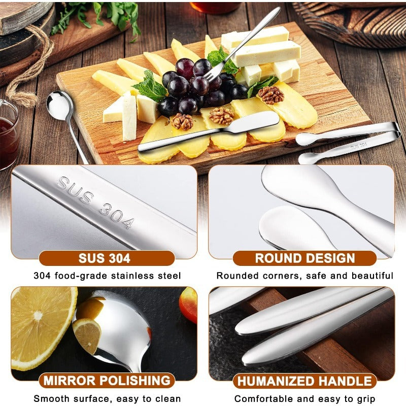 Stainless Steel Knife, Fork, And Spoon Set, Cheese And Butter Spreading Knife Set, With Cutting Board, Fork, Spoon, Cutlery, Toothpicks, And Flags, Suitable For Outdoor Gatherings And Pastry Making