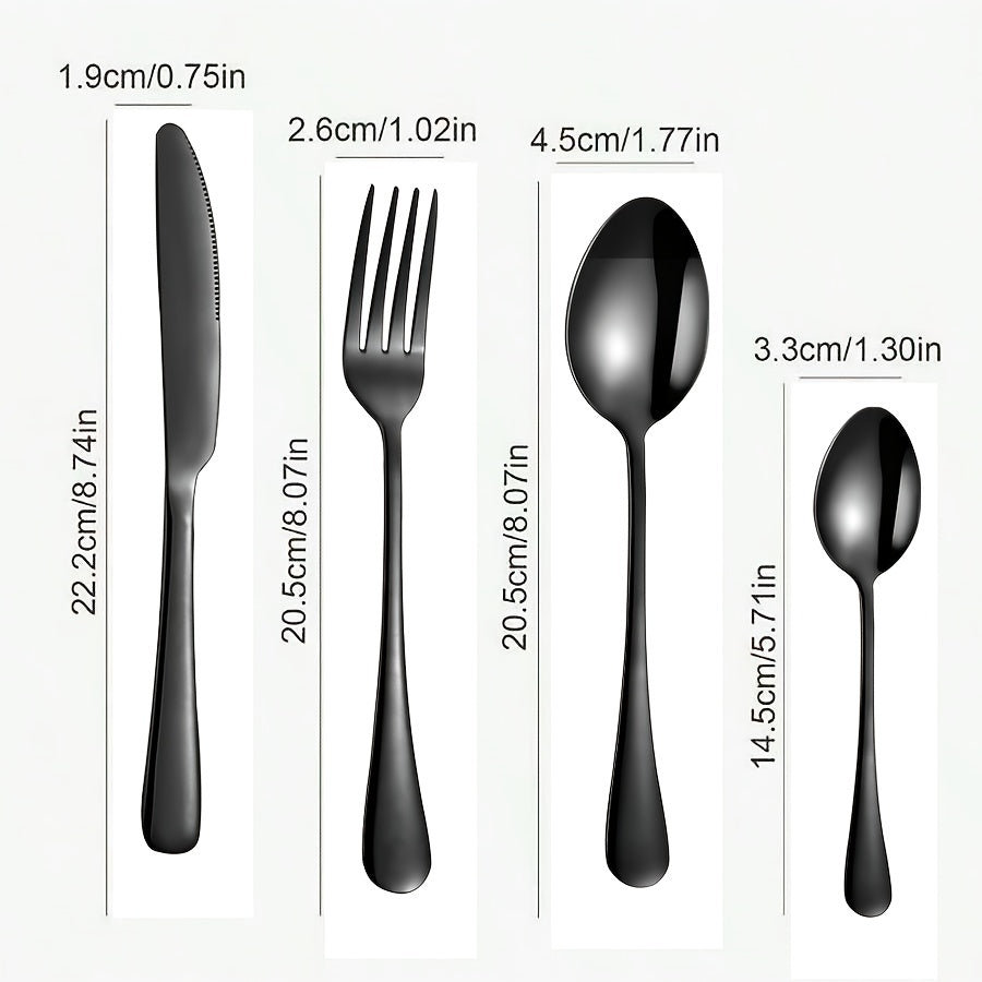 Black 24pcs Set, Stainless Steel Cutlery Set with Mirror Finish, Includes Knife, Spoon, and Fork, Perfect for Weddings, Valentine's Day, and New Year Gifts