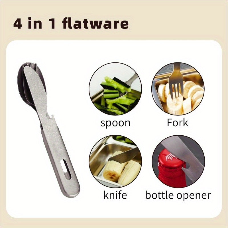 3pcs Stainless Steel Camping Utensil Set with Knife & Bottle Opener - Heavy-Duty Compact Flatware, Detachable & Lightweight (6.3 Inch) - Portable Outdoor Cutlery with Ergonomic Grip, Dishwasher Safe - Ideal for Camping, Hiking, Travel, Emergency Kits -