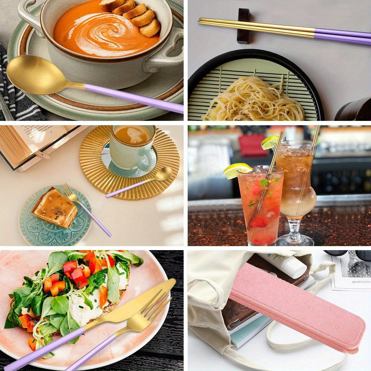 AARainbow 8pcs Stainless Steel Flatware Set Portable Reusable Cutlery Set Travel Utensils Set Including Chopsticks Knife Fork Spoon Straws Cleaning Brush Dishwasher Safe ( B- Purple Golden)