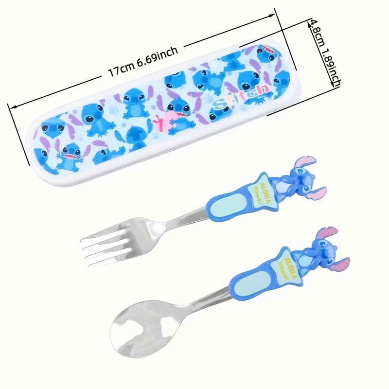 Disney Set of 3 Stitch Stainless Steel Fork And Spoon in a Box, Salad fork, soup spoon, Covered cutlery storage box, Portable And Reusable Cutlery, Cute Supplies for Home And Outdoor, Perfect for Christmas Or Birthday Gifts.