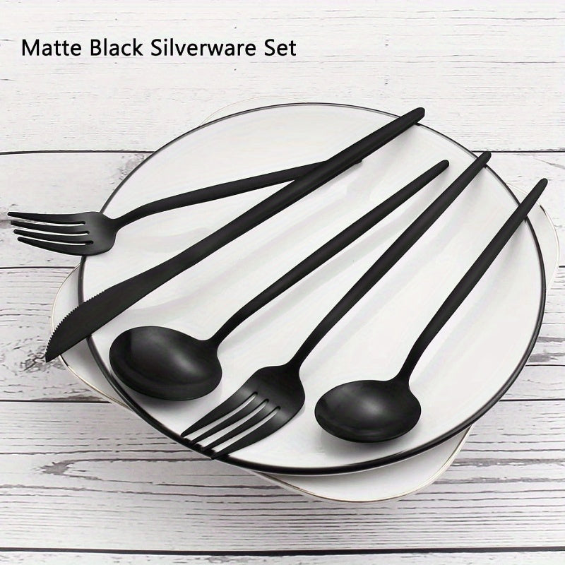 Matte Black Silverware Set, 40 - Piece Stainless Steel Flatware Set, Satin Finish tableware Cutlery Set, Service 8, Home and Restaurant, Dishwasher Safe, Cutlery Set, Formal Dining, Restaurant Supplies, Contemporary Tableware, Modern Silverware,