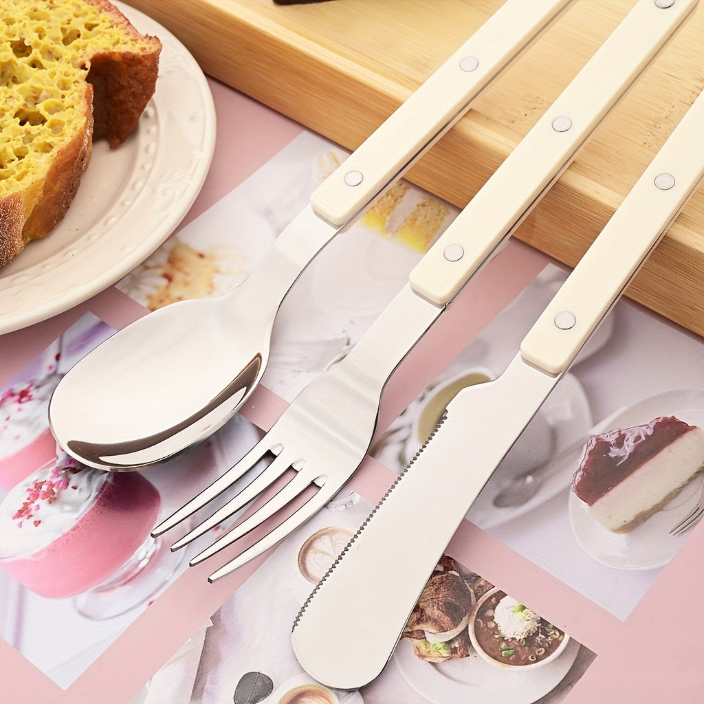 4/16/24pcs Imitation Acrylic Handle Tableware Set, Mirror Stainless Steel Tableware, Dinner Knife, Fork, Spoon, Coffee Spoon Tableware Set, Suitable for Parties, Weddings, Festivals, Restaurants, Hotels, Gifts.