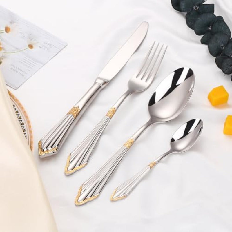 24pcs Luxury Flatware Set in Silvery Color with Golden Accents Premium 304 Stainless Steel Flatware Cutlery and Tableware. Serving 6.