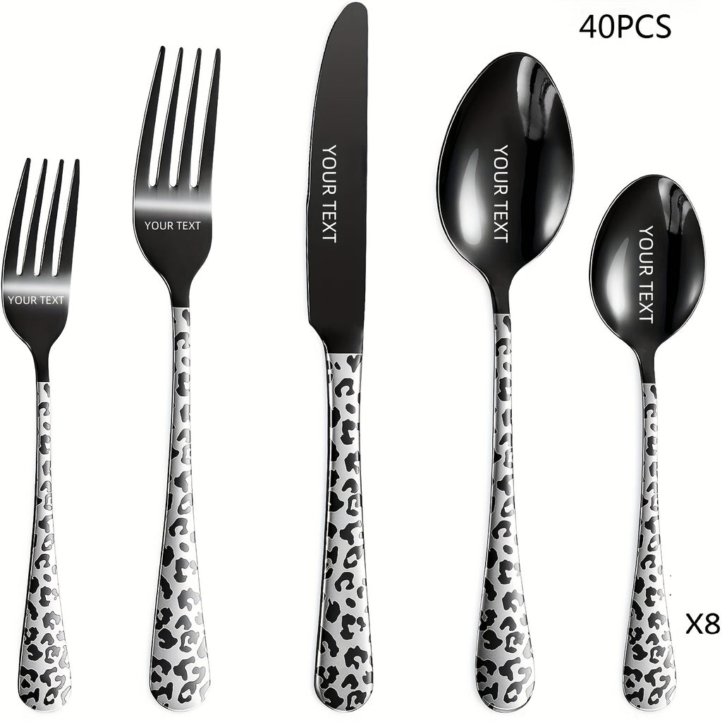 Personalized Black Leopard Print Tableware Set - Stainless Steel Spoon, Fork, Knife - Mirror Polished, Durable, Ideal for Home Kitchen, Holiday Dining | Stylish Cutlery | Durable Utensils, Spoo