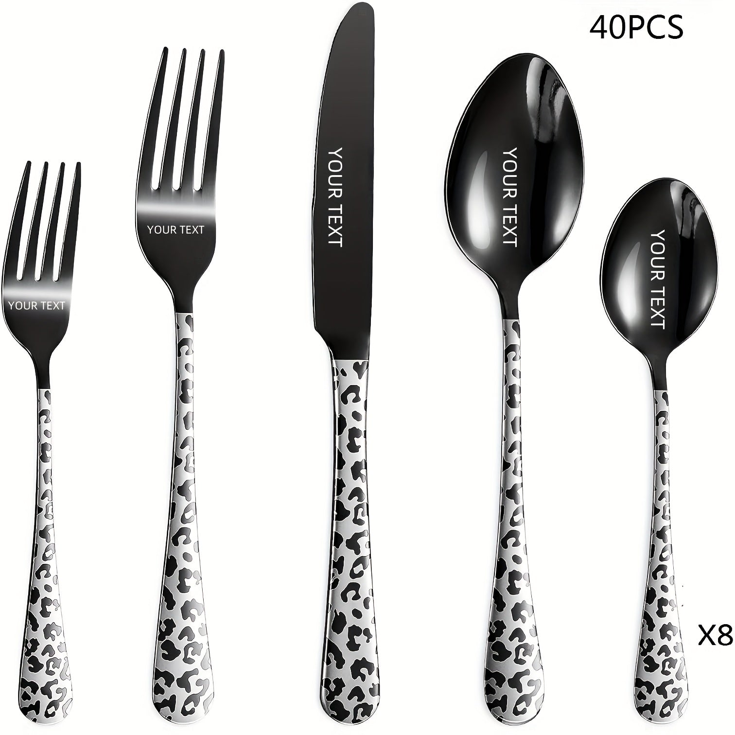 Personalized Black Leopard Print Tableware Set - Stainless Steel Spoon, Fork, Knife - Mirror Polished, Durable, Ideal for Home Kitchen, Holiday Dining | Stylish Cutlery | Durable Utensils, Spoo