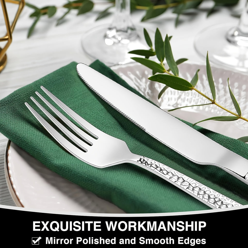 Hammered Silverware Set, 40- Stainless Square Flatware Set for 8- Grade Tableware Cutlery Set, Utensil Sets for Home Restaurant, Mirror Finish, Dishwasher Safe, Cutlery Sets for Dining, Cutlery Sets for Dining Table, Cutlery, Kitchen Utensils, Dining