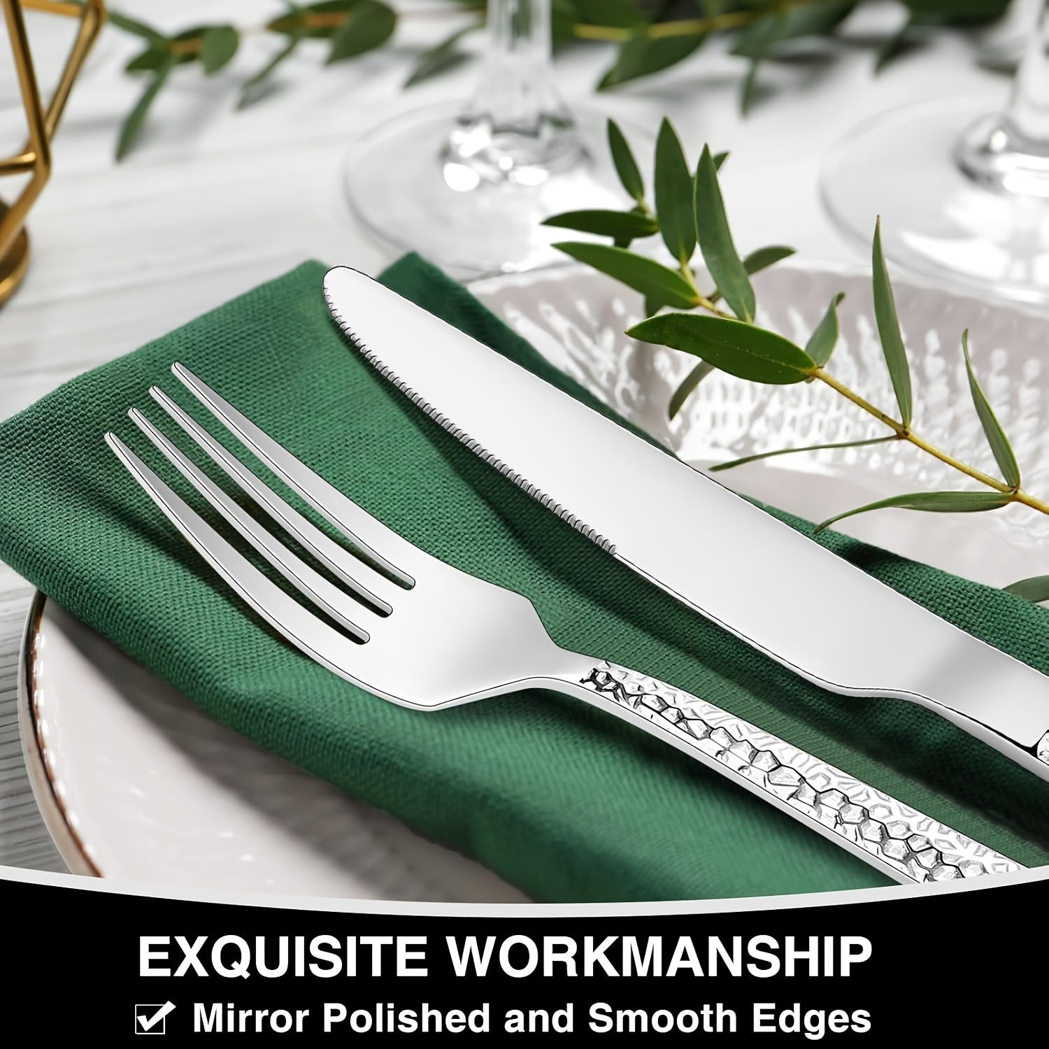 Hammered Silverware Set, 40- Stainless Square Flatware Set for 8- Grade Tableware Cutlery Set, Utensil Sets for Home Restaurant, Mirror Finish, Dishwasher Safe, Cutlery Sets for Dining, Cutlery Sets for Dining Table, Cutlery, Kitchen Utensils, Dining