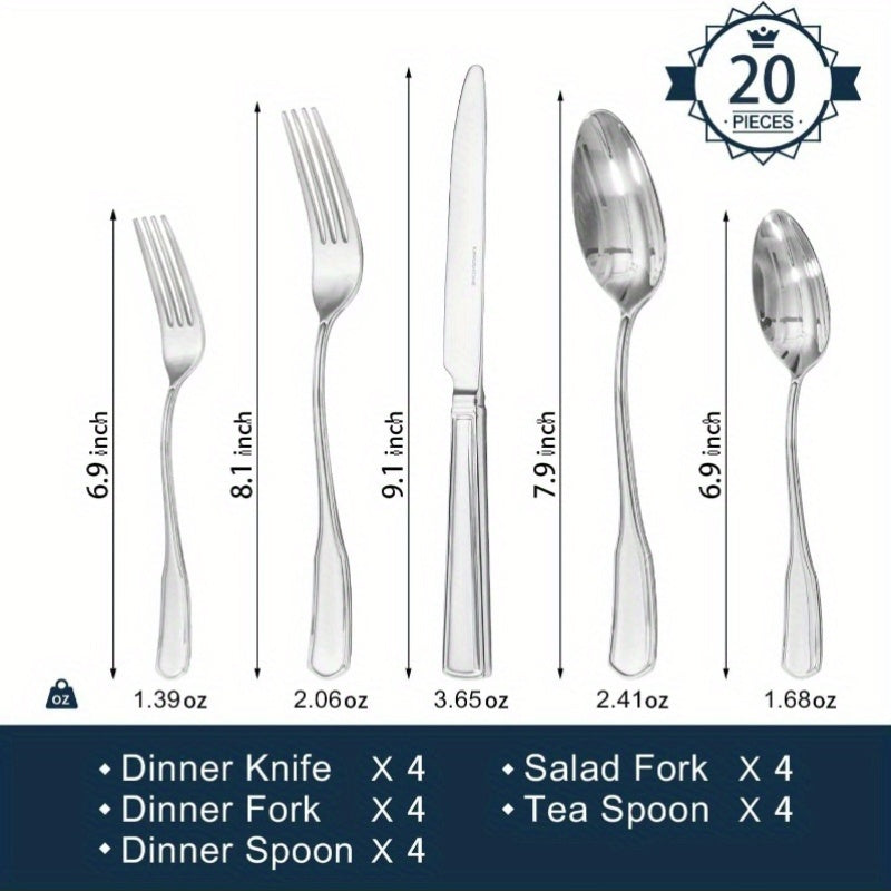 20pcs Stainless Steel Silverware Set, 1810 Mirror Finish Flatware Cutlery, Dishwasher Safe, Varnished Tableware for Home & Restaurant Use, Includes Forks, Knives, Spoons, and Chopsticks, Restaurant Tableware | Elegant Tableware | Durable Cutlery
