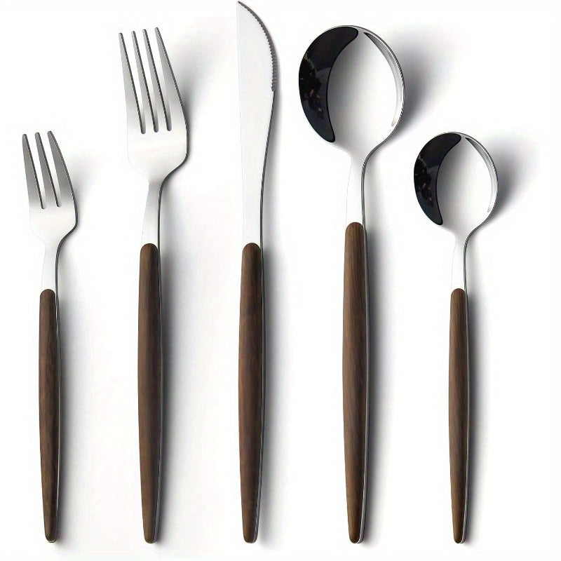 Silverware Set, 20pcs Brown Silicone Handle Stainless Steel Flatware Set, Service 4, Cutlery Set Home Kitchen and Restaurant, Mirror Polished, Kitchen Utensils, Dining Essentials, Elegant Cutlery, Stylish Flatware, Highquality Silverware, Premium
