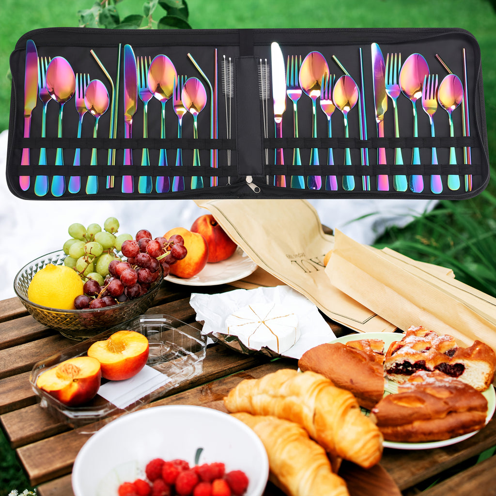 32pcs Summer Outdoor Portable Stainless Steel Outdoor Tableware Set, Includes Knife, Fork, Spoon, Straw and Cleaning Brush, Large Portable Bag. Reusable, Lightweight and Convenient, Suitable for Outdoor Picnics, Camping Gatherings, Travel, Gifts for Peopl