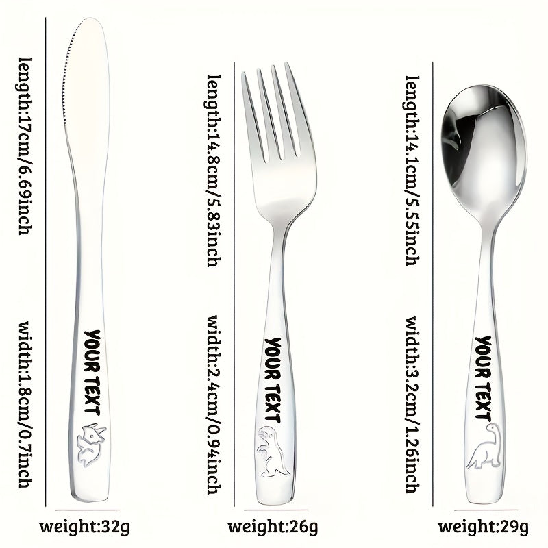 Personalized Stainless Steel Cutlery Set, Custom Carved Name, 3/6/9/12 Dinosaur Pattern Set, Including Knife, Fork, Spoon, And Teaspoon, Suitable for General Dining And Special Occasions