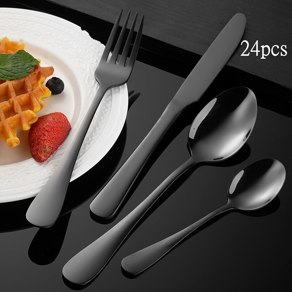 Black 24pcs Set, Stainless Steel Cutlery Set with Mirror Finish, Includes Knife, Spoon, and Fork, Perfect for Weddings, Valentine's Day, and New Year Gifts