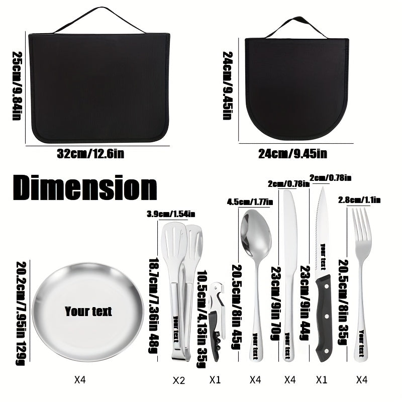 Customize Your Text, 11/20pcs Golden Silvery+Storage Bag Stainless Steel Cutlery Set, Knife, Fork, Spoon, Clip, Bottle Opener, Plate Camping Picnic Barbecue Outdoor Cutlery Camping Picnic Steak Knife Fork Spoon Set