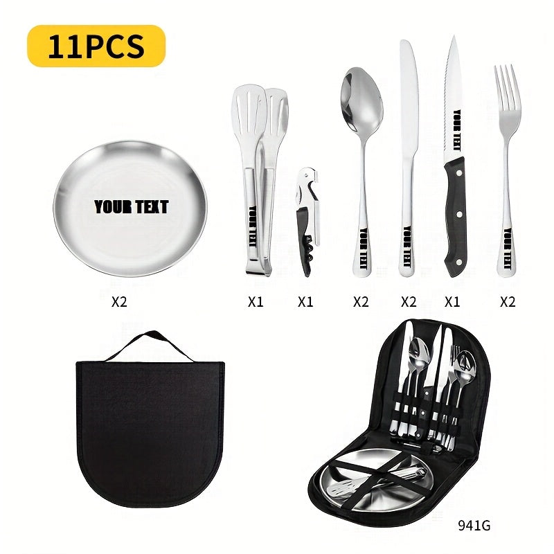 Customize Your Text, 11/20pcs Golden Silvery+Storage Bag Stainless Steel Cutlery Set, Knife, Fork, Spoon, Clip, Bottle Opener, Plate Camping Picnic Barbecue Outdoor Cutlery Camping Picnic Steak Knife Fork Spoon Set