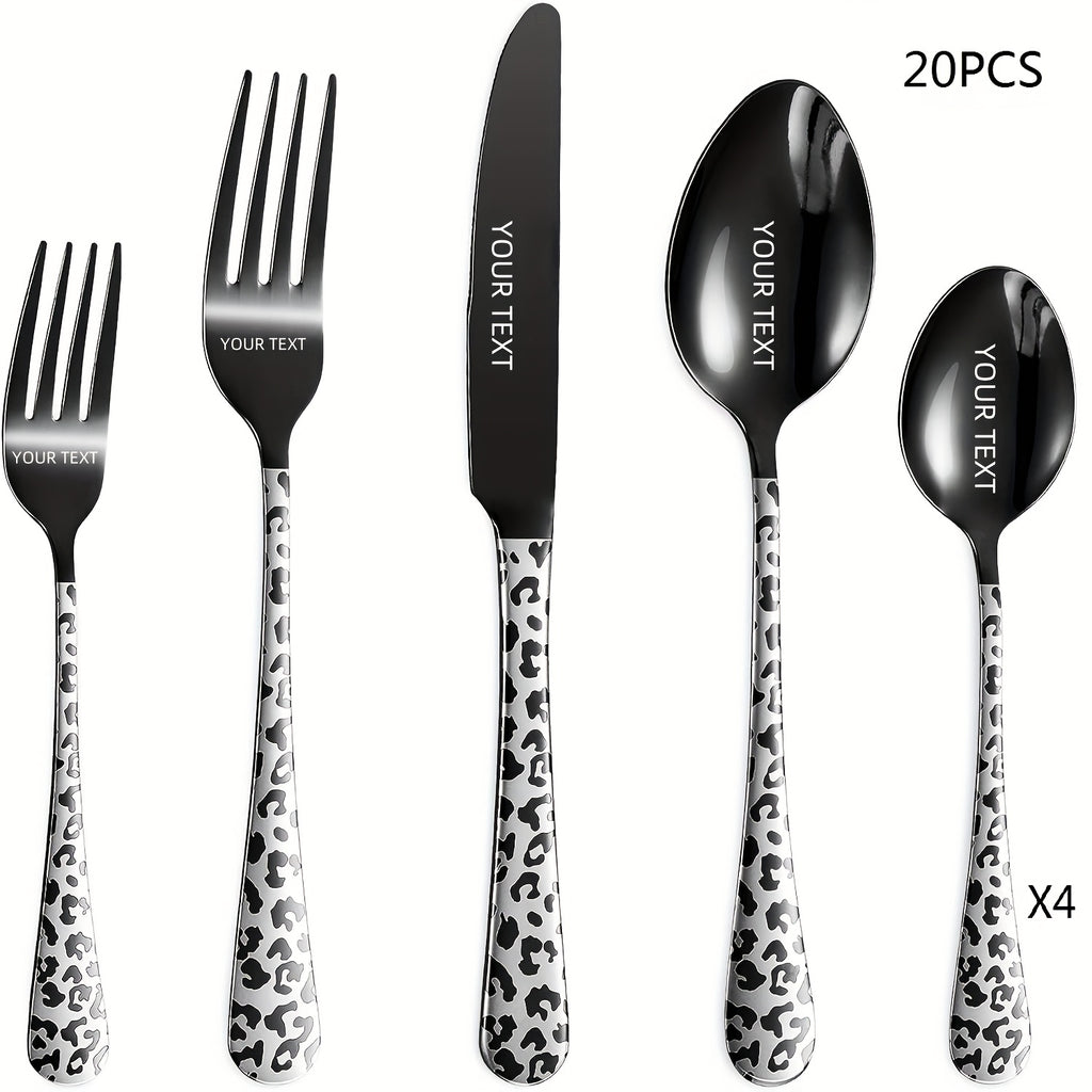 Personalized Black Leopard Print Tableware Set - Stainless Steel Spoon, Fork, Knife - Mirror Polished, Durable, Ideal for Home Kitchen, Holiday Dining | Stylish Cutlery | Durable Utensils, Spoo