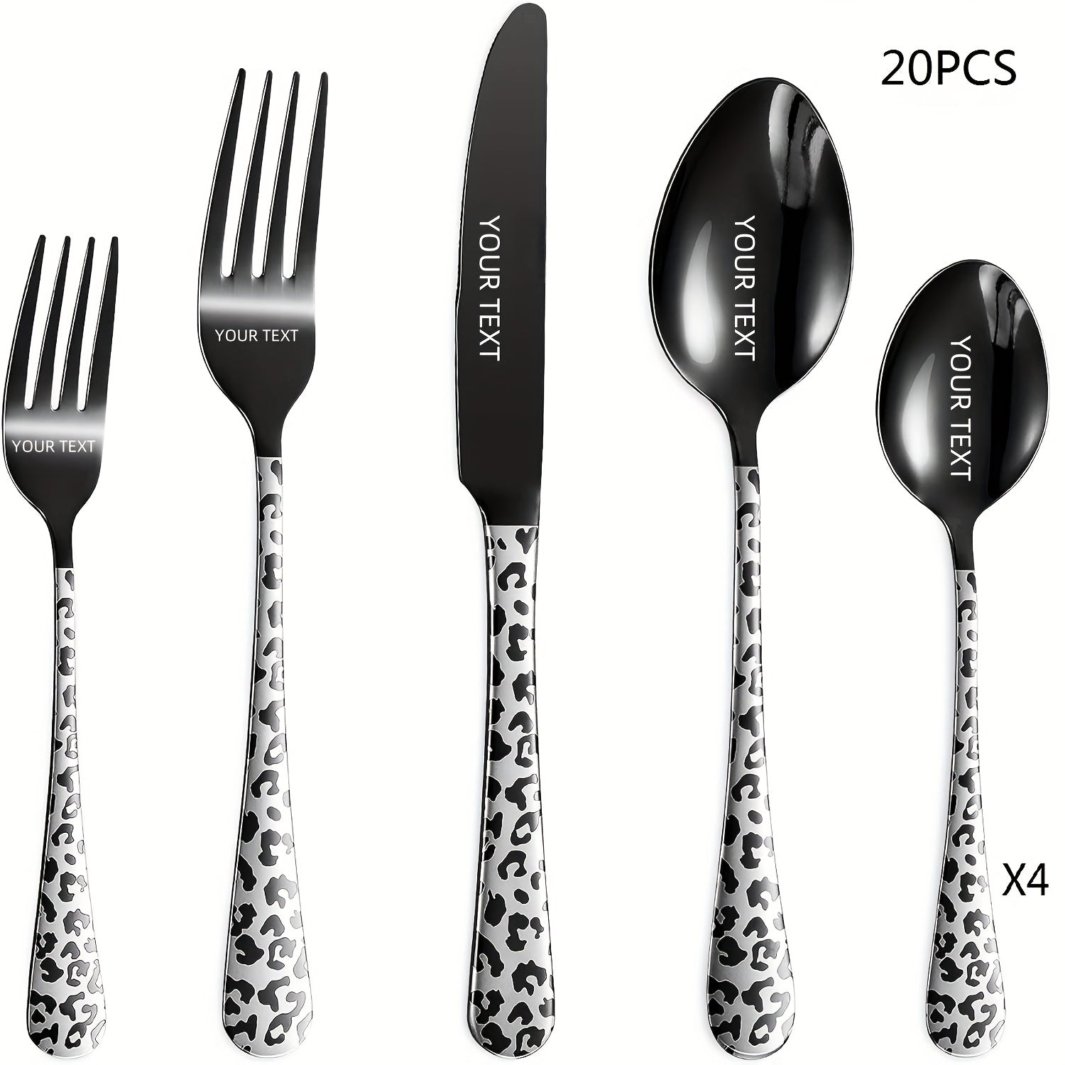 Personalized Black Leopard Print Tableware Set - Stainless Steel Spoon, Fork, Knife - Mirror Polished, Durable, Ideal for Home Kitchen, Holiday Dining | Stylish Cutlery | Durable Utensils, Spoo