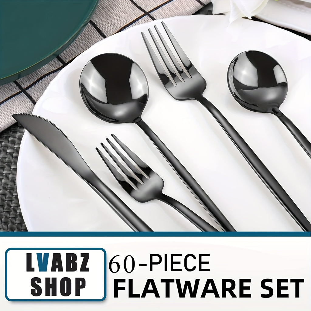 60pcs Luxury Black Stainless Steel Cutlery Set, 12 People Family Hotel Knives Forks Spoons Set With Gift Box, Including Dinner Knives, Dinner Spoons, Dinner Forks, Dessert Spoons, Dessert Forks, Perfect For Banquets, Parties, Restaurants
