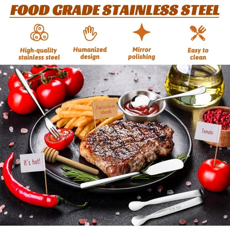 Stainless Steel Knife, Fork, And Spoon Set, Cheese And Butter Spreading Knife Set, With Cutting Board, Fork, Spoon, Cutlery, Toothpicks, And Flags, Suitable For Outdoor Gatherings And Pastry Making