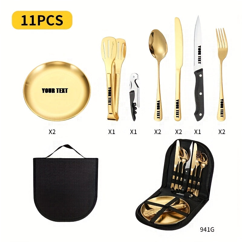 Customize Your Text, 11/20pcs Golden Silvery+Storage Bag Stainless Steel Cutlery Set, Knife, Fork, Spoon, Clip, Bottle Opener, Plate Camping Picnic Barbecue Outdoor Cutlery Camping Picnic Steak Knife Fork Spoon Set