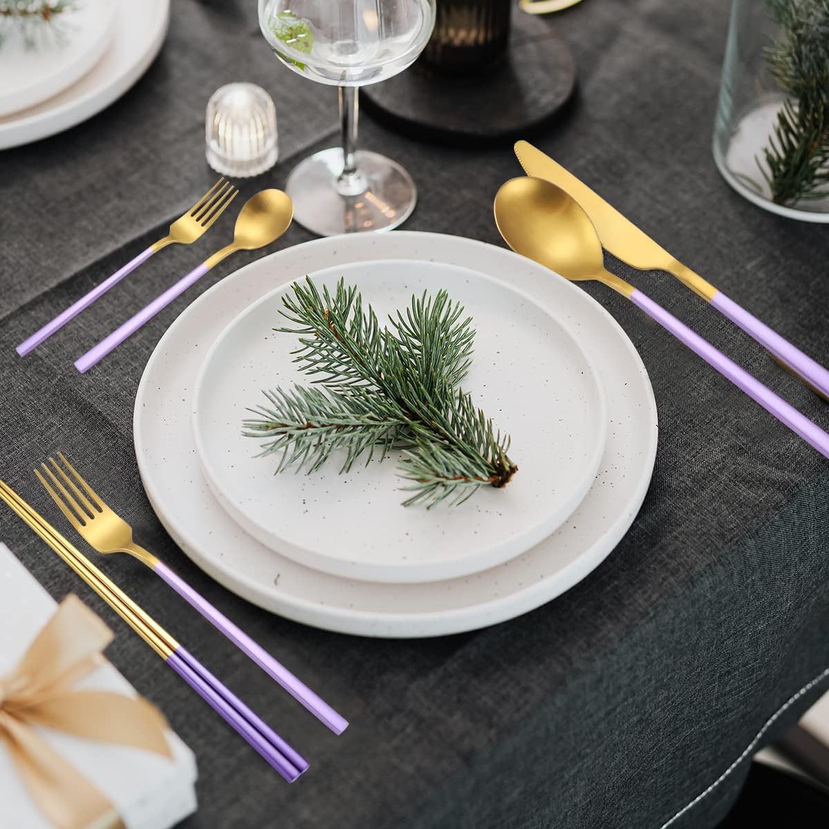 AARainbow 8pcs Stainless Steel Flatware Set Portable Reusable Cutlery Set Travel Utensils Set Including Chopsticks Knife Fork Spoon Straws Cleaning Brush Dishwasher Safe ( B- Purple Golden)