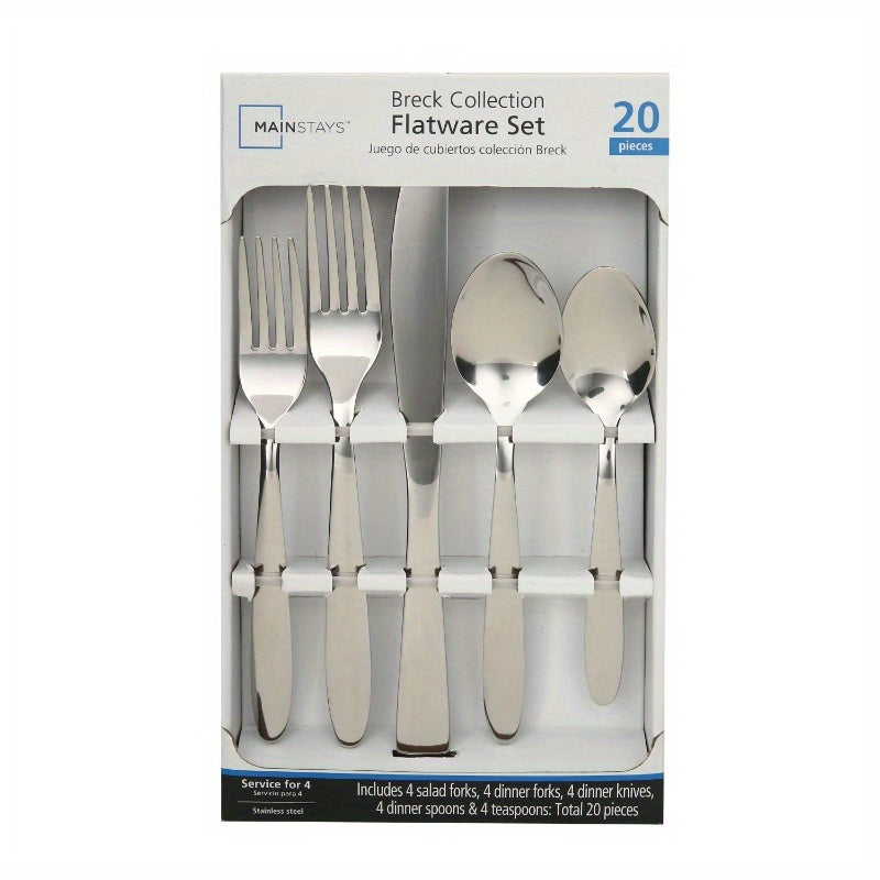 Breck 20pcs Stainless Steel Silvery Flatware Set Service for 4 Adults, Dining Essentials, Home Dining, Stylish Utensils, Modern Flatware, Rustresistant Material, Durable Cutlery, Dinnerware Set, Silverware Collection