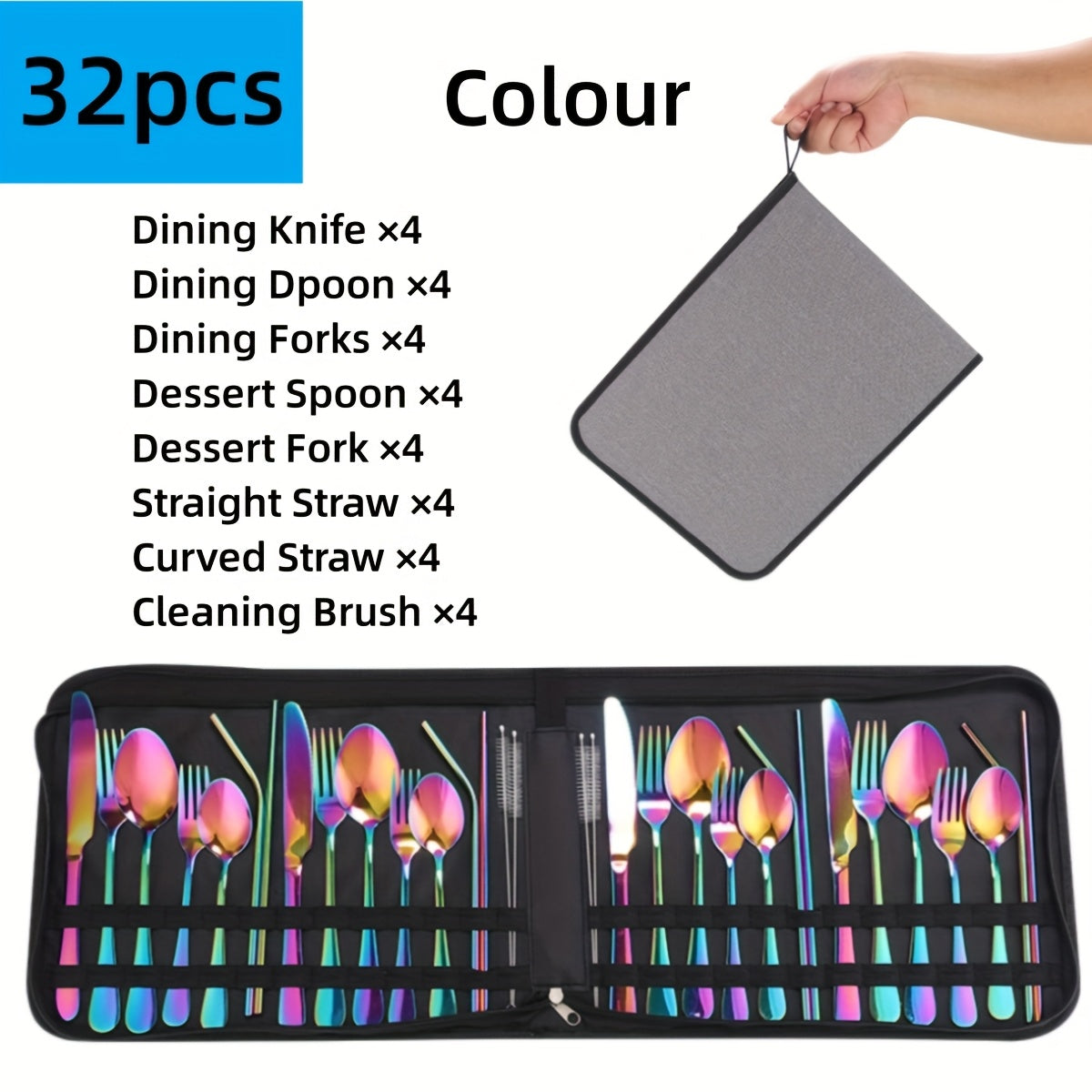 32pcs Summer Outdoor Portable Stainless Steel Outdoor Tableware Set, Includes Knife, Fork, Spoon, Straw and Cleaning Brush, Large Portable Bag. Reusable, Lightweight and Convenient, Suitable for Outdoor Picnics, Camping Gatherings, Travel, Gifts for Peopl