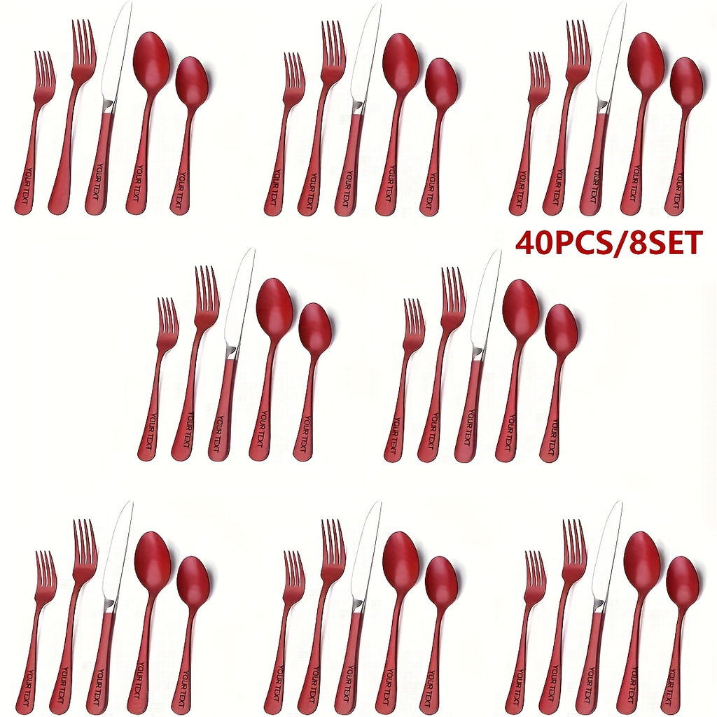 Personalized Set of 5/20/30/40pcs of Red Stainless Steel Cutlery, Suitable for Kitchen And Dining, Featuring Mirror-Polished Knives And Safe for Dishwasher Use.