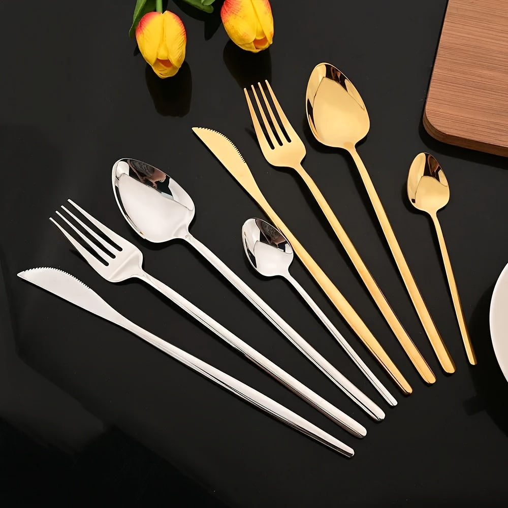 24pcs Stainless Steel Cutlery Set - Elegant White & Golden Finish, Polished Tableware for Christmas, Thanksgiving, Easter, Halloween, Hanukkah, Everyday Dining Essentials, Everyday Cutlery | Elegant Cutlery Set | Durable Cutlery