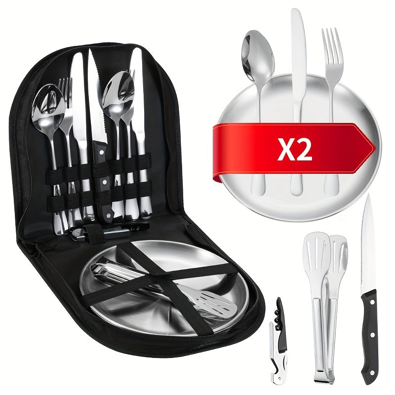 Customize Your Text, 11/20pcs Golden Silvery+Storage Bag Stainless Steel Cutlery Set, Knife, Fork, Spoon, Clip, Bottle Opener, Plate Camping Picnic Barbecue Outdoor Cutlery Camping Picnic Steak Knife Fork Spoon Set