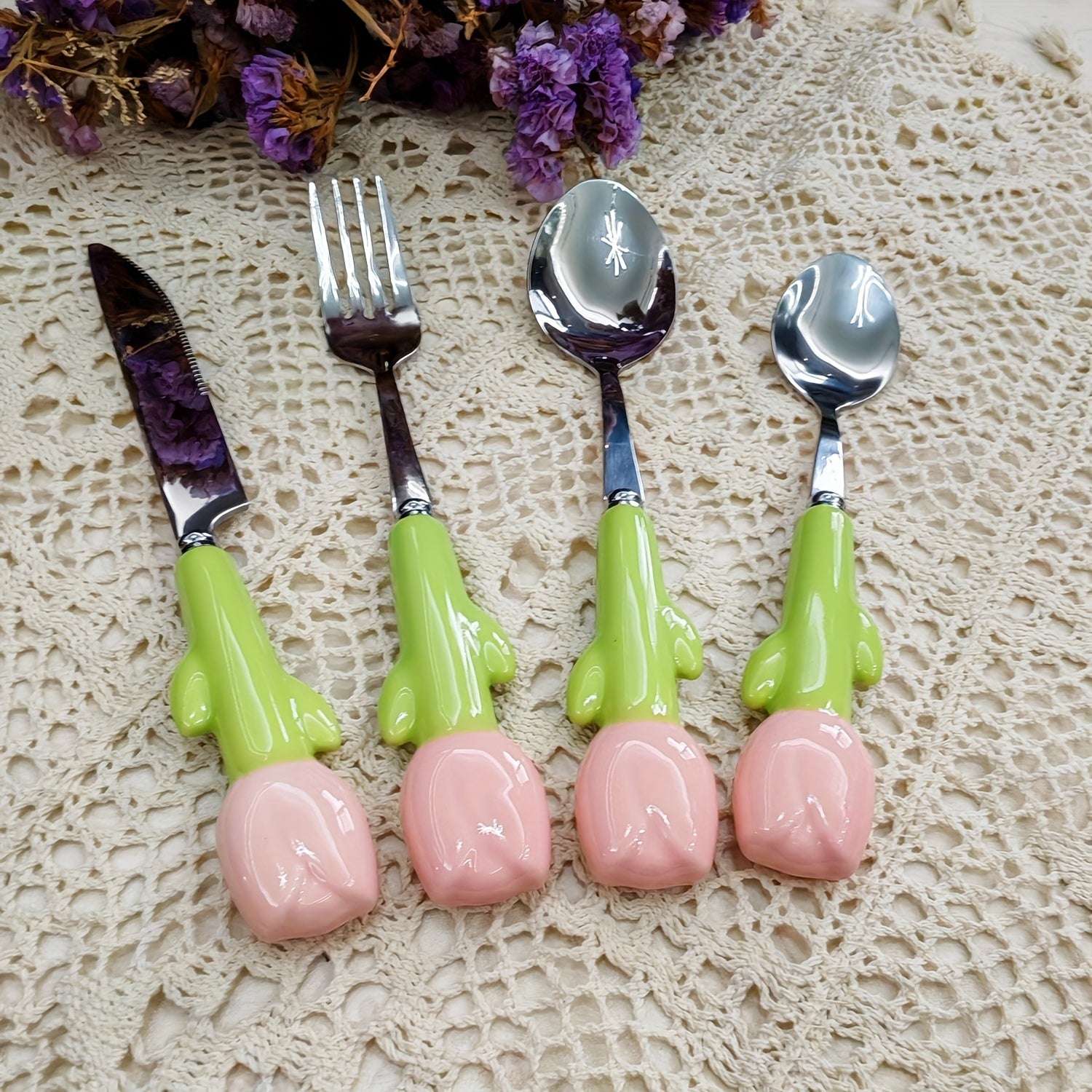24pcs Unique Ceramic Handle Steak Knife, Dessert Spoon, Fork, and Spoon Tableware Set - Creative Kitchen Tools and Accessories Including Knife, Fork, and Spoon - Very Cute, Suitable for Daily Family Dining, Birthday Parties, and Festival Parties