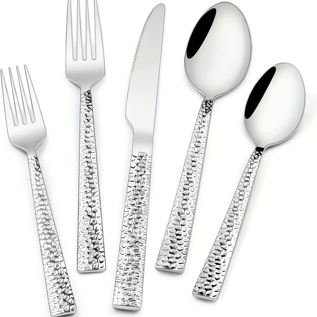 Hammered Silverware Set, 40- Stainless Square Flatware Set for 8- Grade Tableware Cutlery Set, Utensil Sets for Home Restaurant, Mirror Finish, Dishwasher Safe, Cutlery Sets for Dining, Cutlery Sets for Dining Table, Cutlery, Kitchen Utensils, Dining