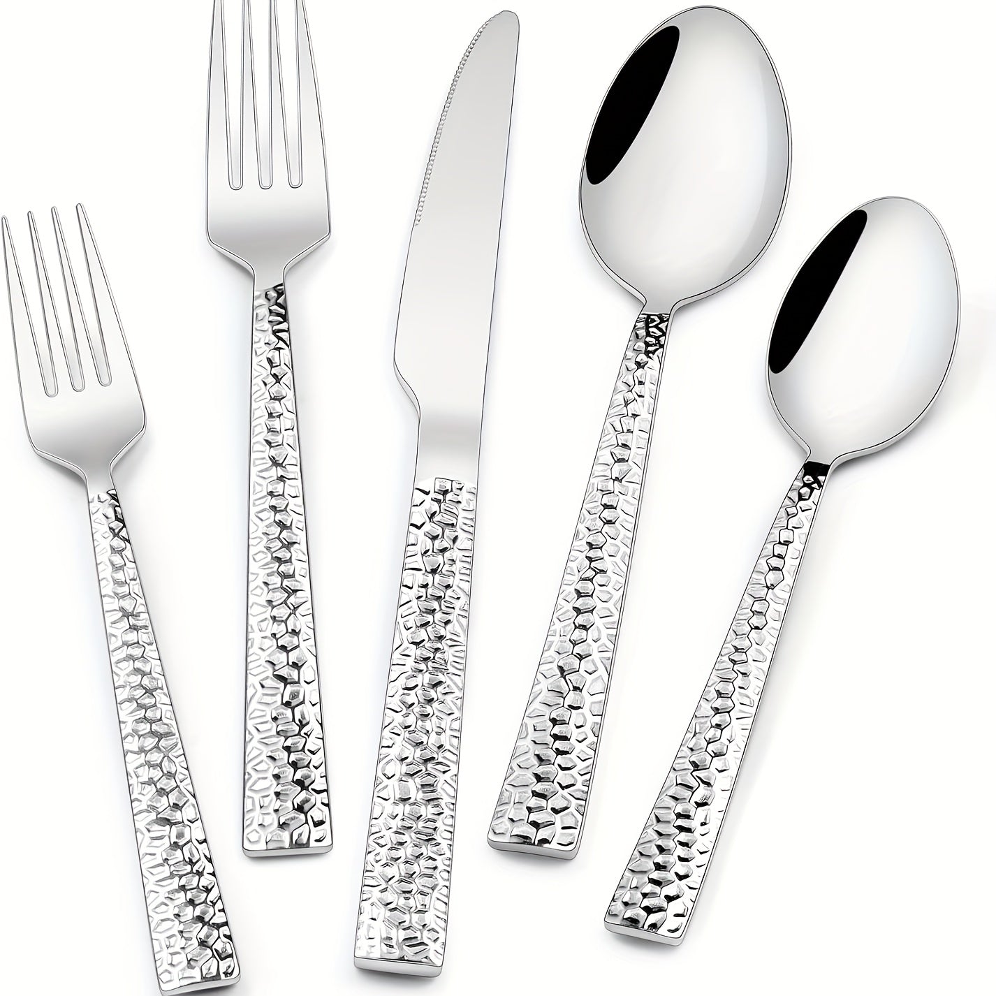 Hammered Silverware Set, 40- Stainless Square Flatware Set for 8- Grade Tableware Cutlery Set, Utensil Sets for Home Restaurant, Mirror Finish, Dishwasher Safe, Cutlery Sets for Dining, Cutlery Sets for Dining Table, Cutlery, Kitchen Utensils, Dining