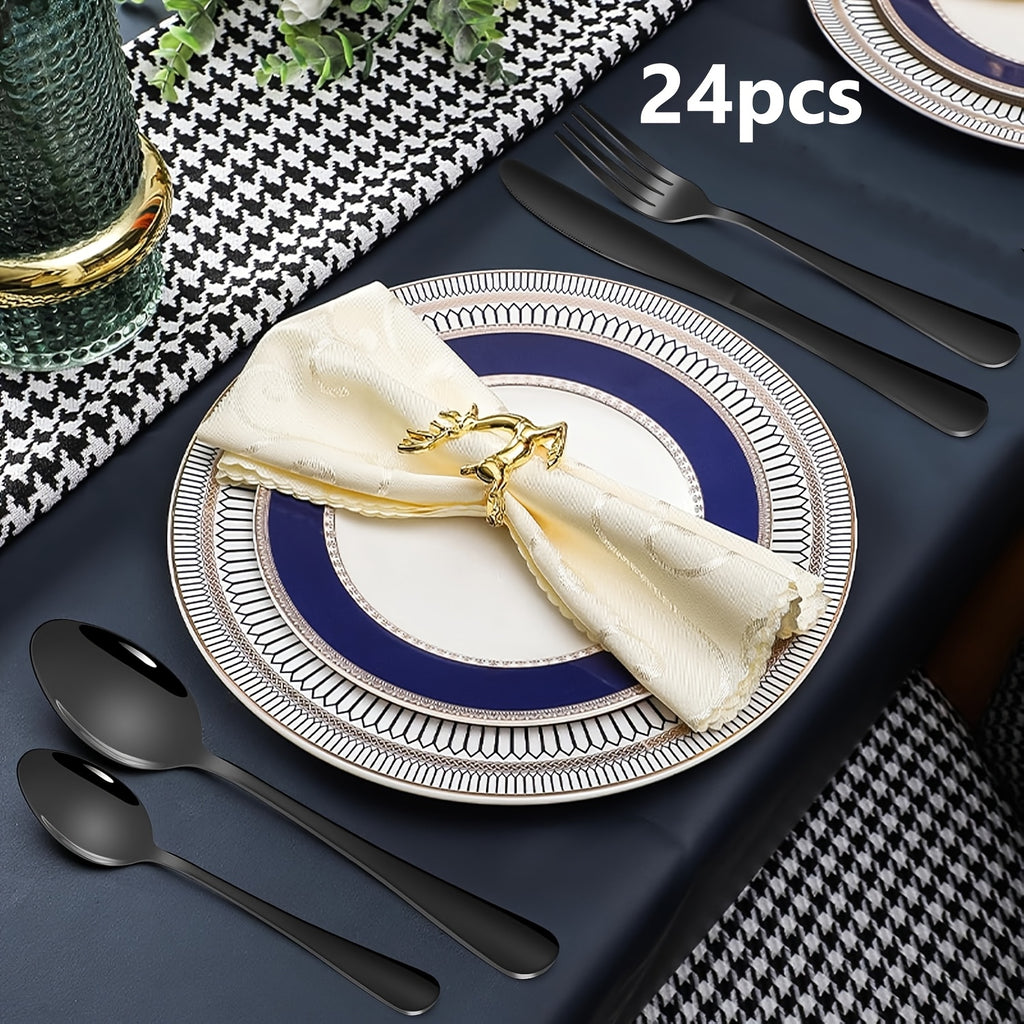 Black 24pcs Set, Stainless Steel Cutlery Set with Mirror Finish, Includes Knife, Spoon, and Fork, Perfect for Weddings, Valentine's Day, and New Year Gifts