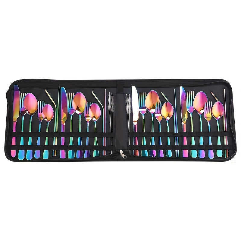 32pcs Summer Outdoor Portable Stainless Steel Outdoor Tableware Set, Includes Knife, Fork, Spoon, Straw and Cleaning Brush, Large Portable Bag. Reusable, Lightweight and Convenient, Suitable for Outdoor Picnics, Camping Gatherings, Travel, Gifts for Peopl