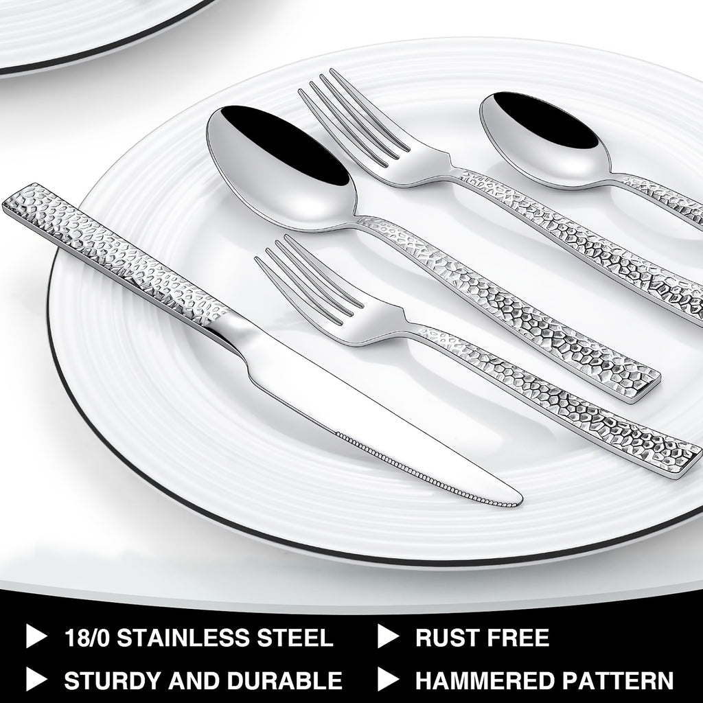 Hammered Silverware Set, 40- Stainless Square Flatware Set for 8- Grade Tableware Cutlery Set, Utensil Sets for Home Restaurant, Mirror Finish, Dishwasher Safe, Cutlery Sets for Dining, Cutlery Sets for Dining Table, Cutlery, Kitchen Utensils, Dining