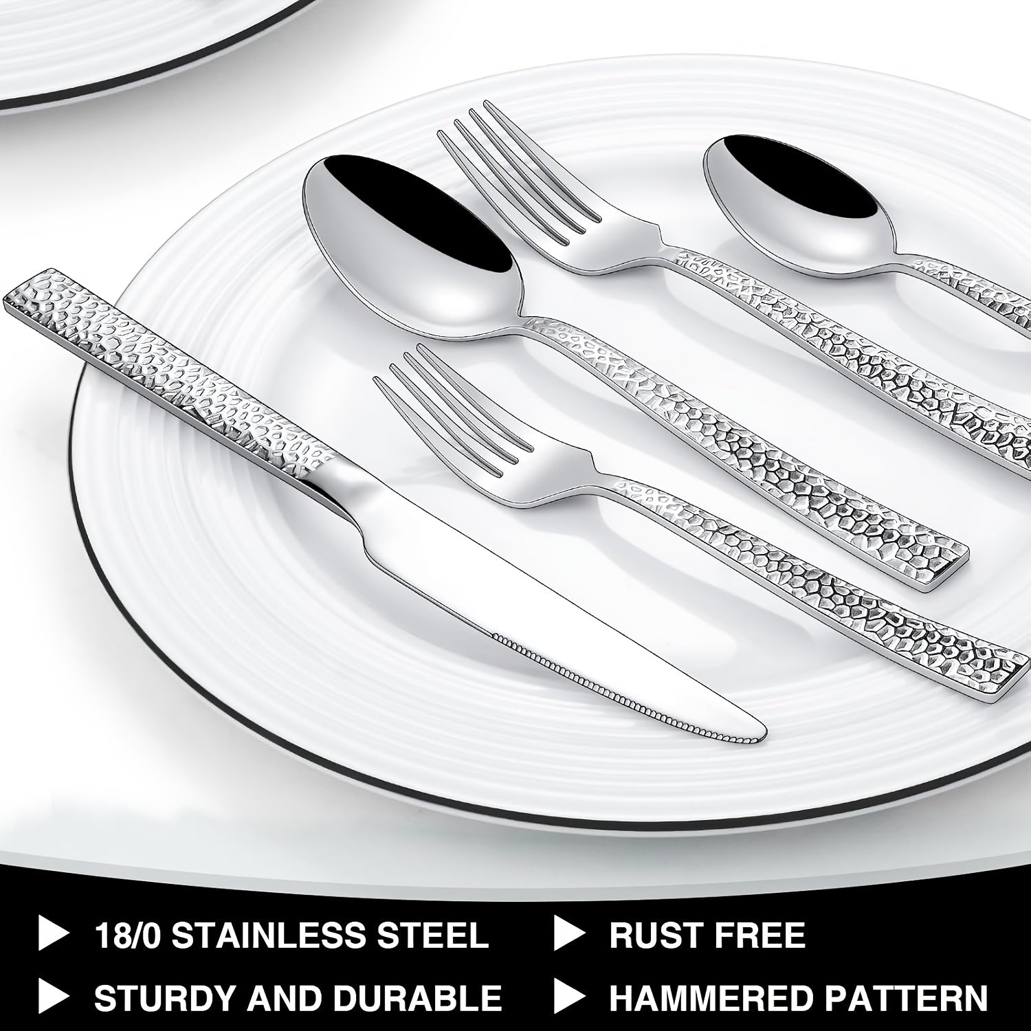 Hammered Silverware Set, 40- Stainless Square Flatware Set for 8- Grade Tableware Cutlery Set, Utensil Sets for Home Restaurant, Mirror Finish, Dishwasher Safe, Cutlery Sets for Dining, Cutlery Sets for Dining Table, Cutlery, Kitchen Utensils, Dining