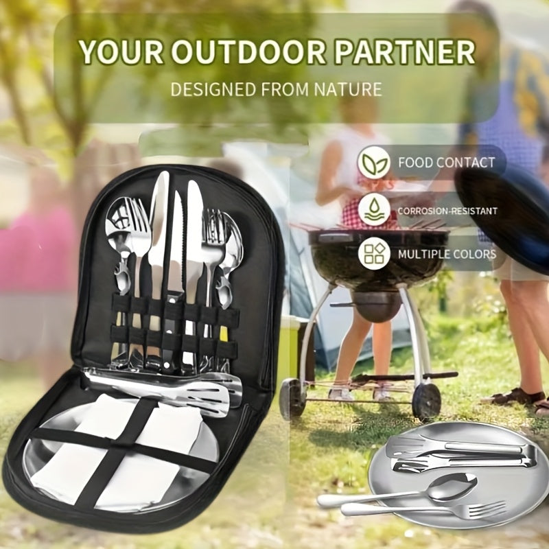 Outdoor Camping Tableware Set with Box, 16pcs Stainless Steel Utensils Including Dinner Knife, Forks, Plates, Soup Spoon, Bottle Opener, Coffee Spoon, Tongs and Storage Bag, Reusable and Dishwasher Safe, Suitable for Outdoor Travel, Picnic Camping, Party